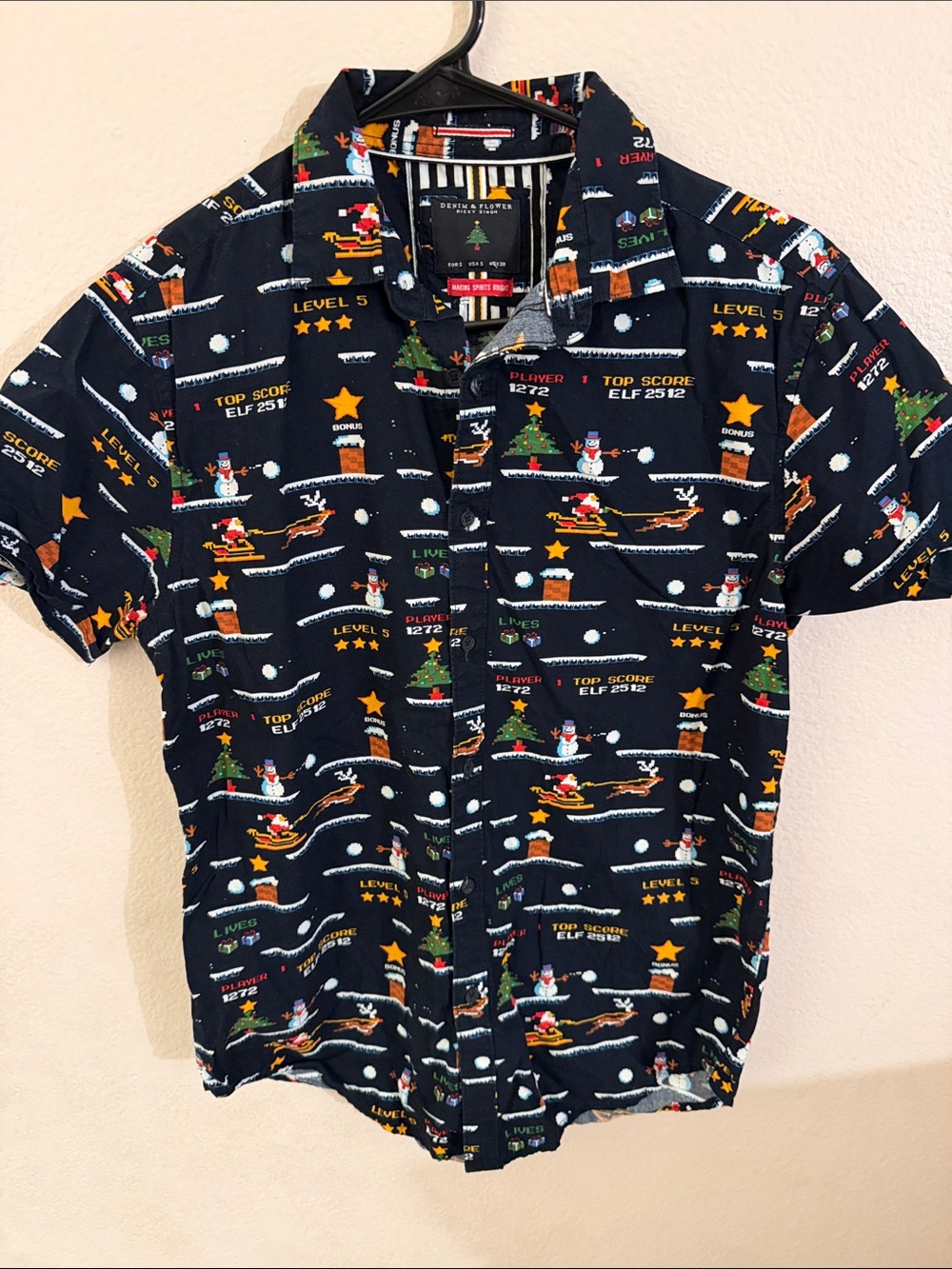 Denim & Flower Black Holiday Pixel Game Print Short-Sleeve Button Shirt